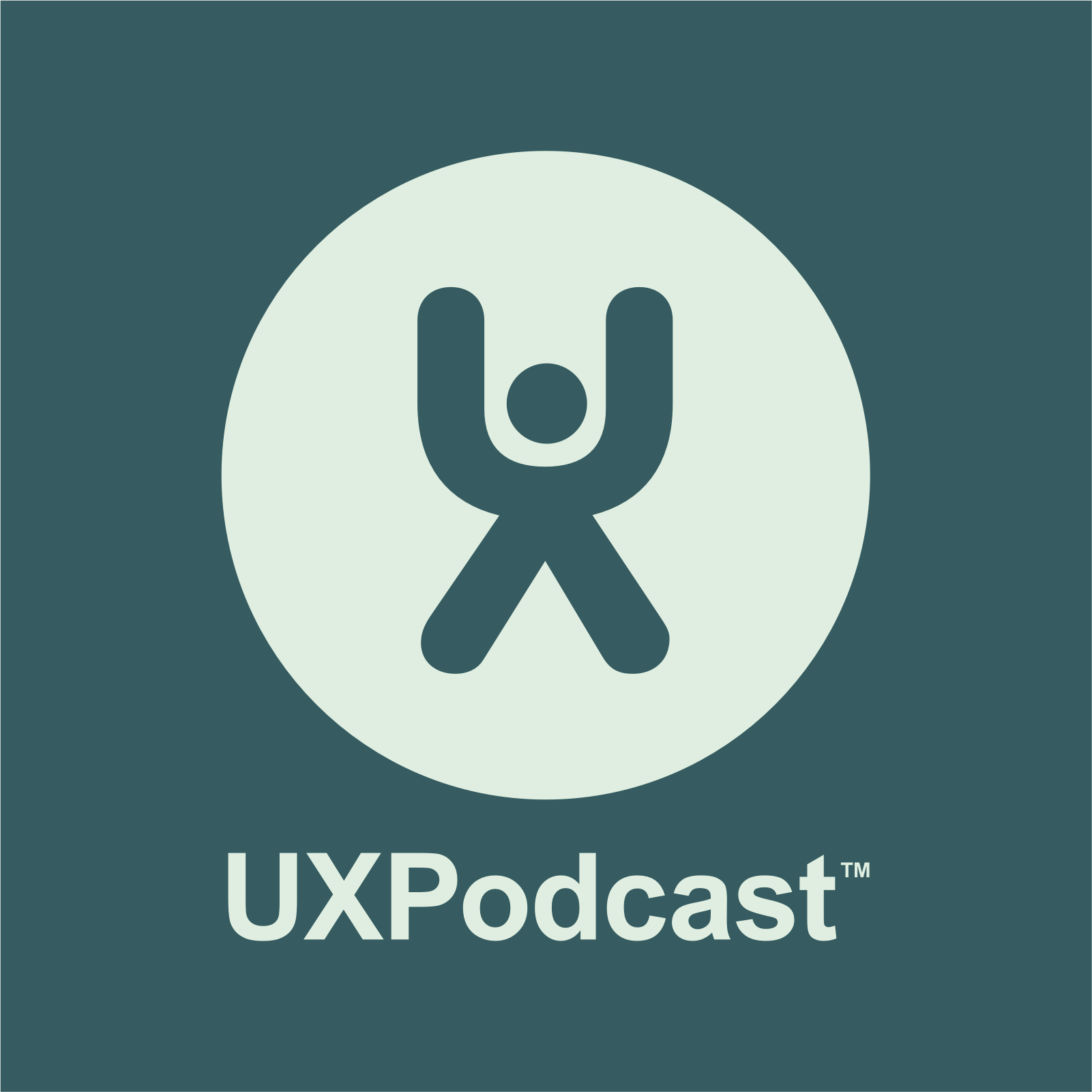 UX Podcast cover art - pictogram person X with top part shaped as a U indicating raised arms, combined with a circle as the head.
